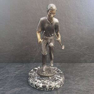 Golfer Breaking Club Over Knee Solid Bronze Metal Statue Marble Base